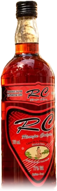 Botella de RC Rompe Calzón, licor de la Amazonía de Cortezas Maceradas Selva Virgen